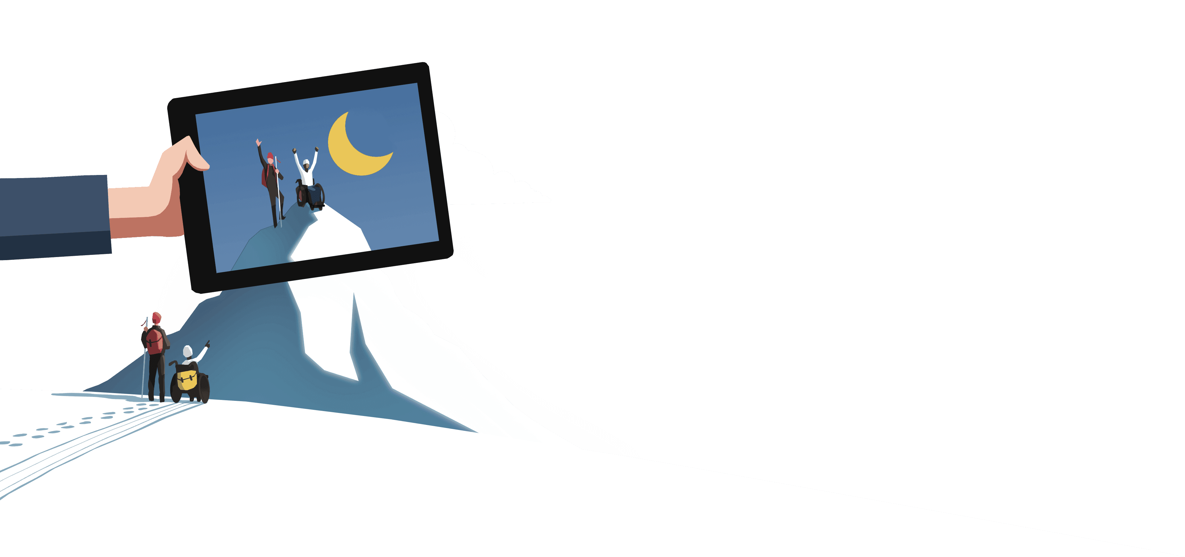 To eventyrere står respektive sitter ved foten av et fjell. Over dem holder en stor hånd et nettbrett hvor skjerm viser når eventyrerne har nådd fjelltoppen.